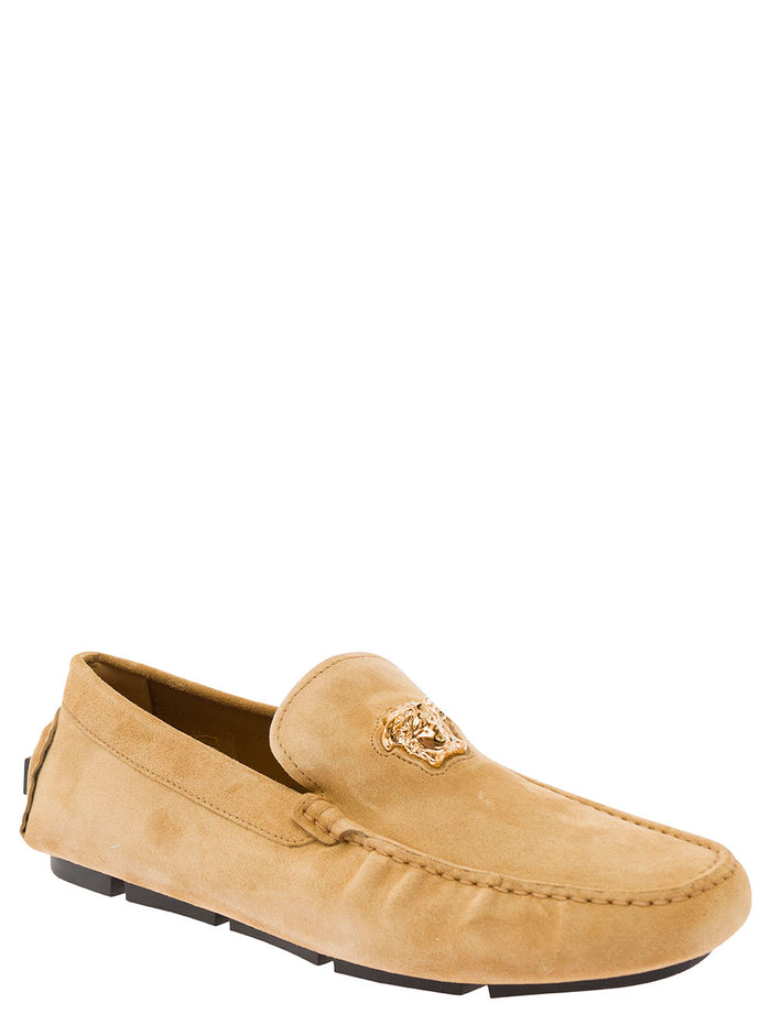 Beige Slip-On Loafers With Medusa Details Suede Man Calf