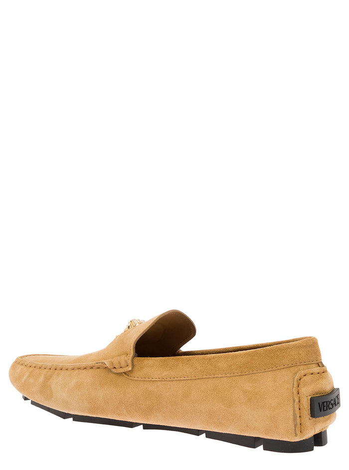 Beige Slip-On Loafers With Medusa Details Suede Man Calf