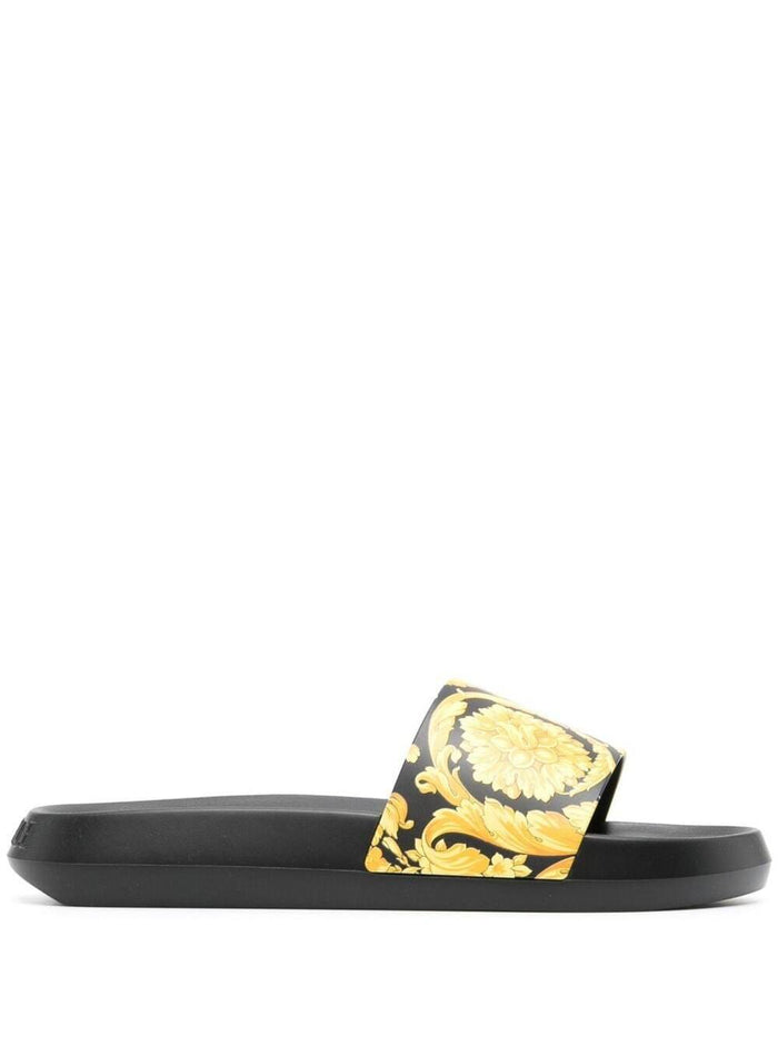 Black Slippers With Barocco Print Rubber Man Flat Shoes