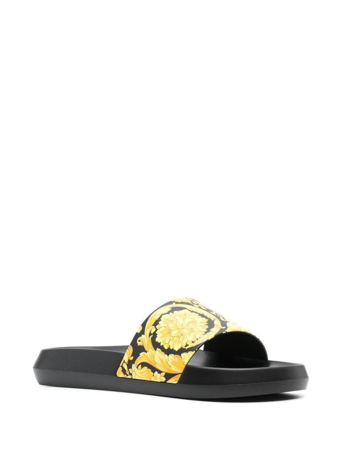 Black Slippers With Barocco Print Rubber Man Flat Shoes