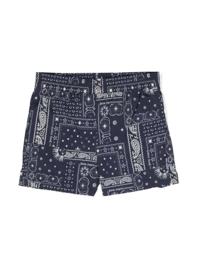 Blue Shorts With Bandana Motif Techno Fabric Boy Blu Polyester And Bermuda