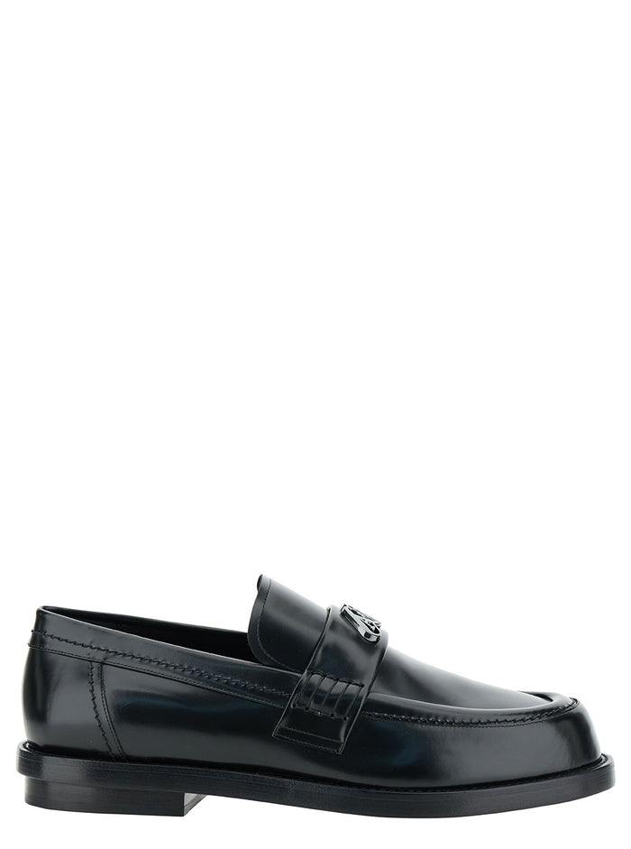 Black Loafers With Seal Logo Patch Leather Man Calf