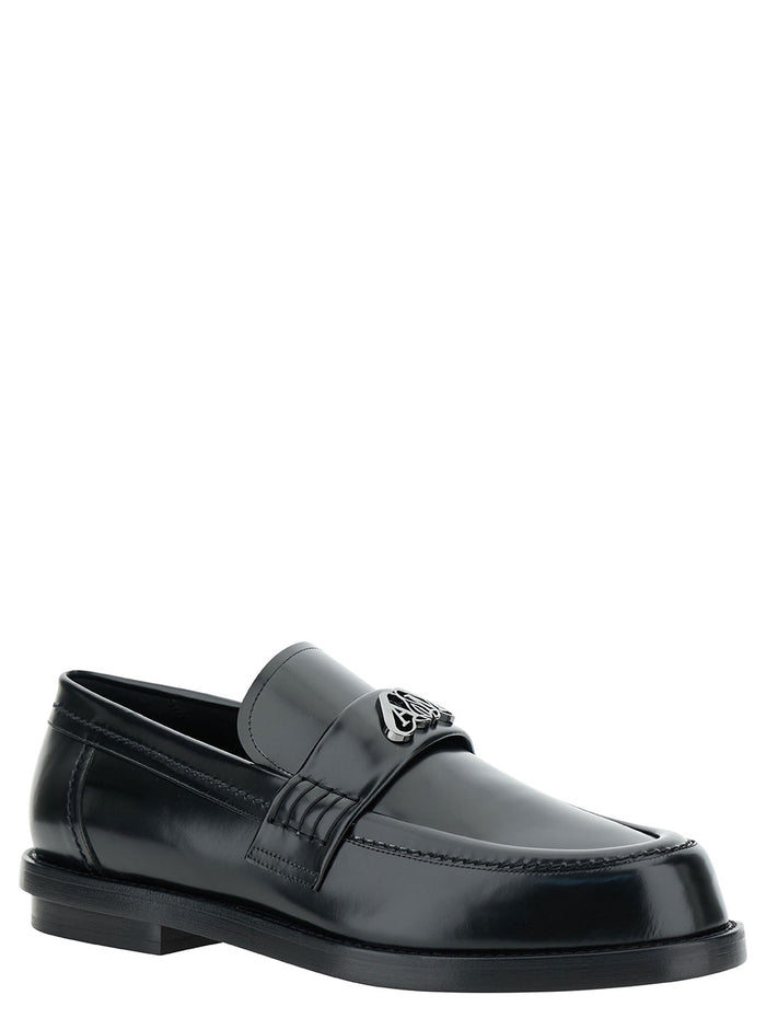 Black Loafers With Seal Logo Patch Leather Man Calf