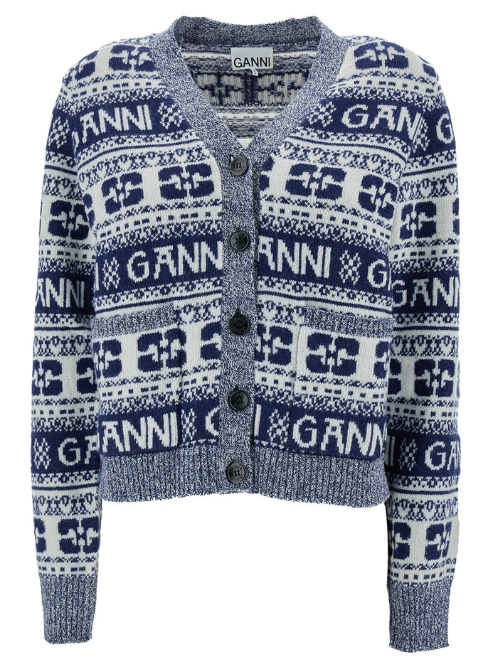 Grey Cardigan With Graphic Print All-Over Wool Blend Woman Blu Jersey
