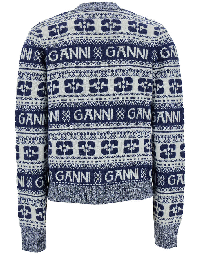 Grey Cardigan With Graphic Print All-Over Wool Blend Woman Blu Jersey