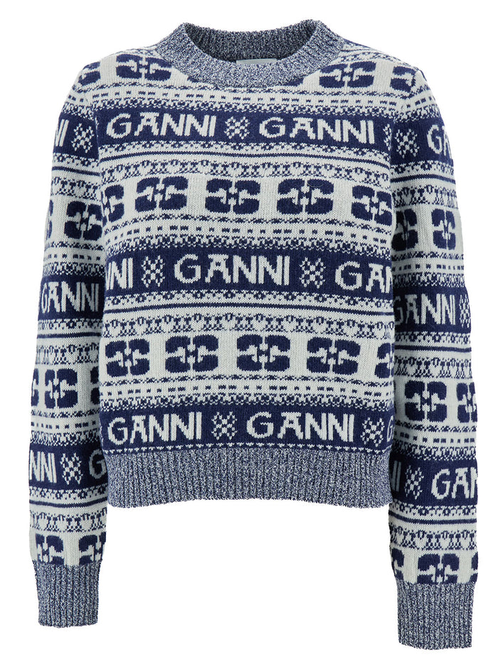 Blue And White Sweater With Jacquard Logo Motif Wool Woman Blu Jersey