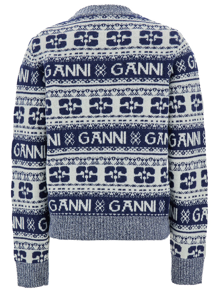 Blue And White Sweater With Jacquard Logo Motif Wool Woman Blu Jersey