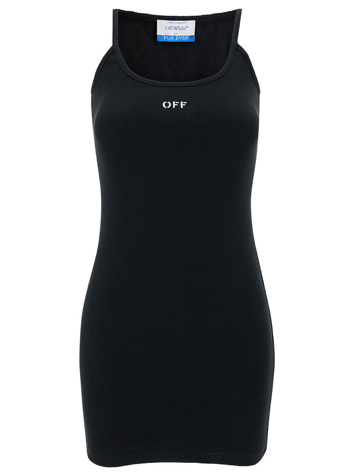 Mini Black Tank Top With Contrasting Logo Embroidery Stretch Cotton Woman Elastane Dress