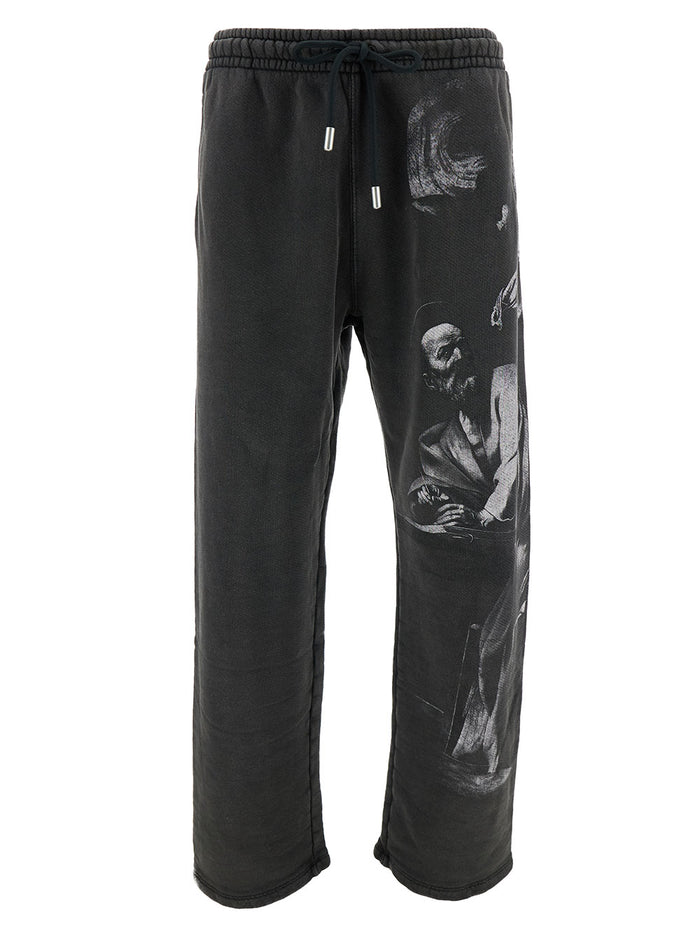 Black Pants With Drawstring And Graphic Print Cotton Man Trousers