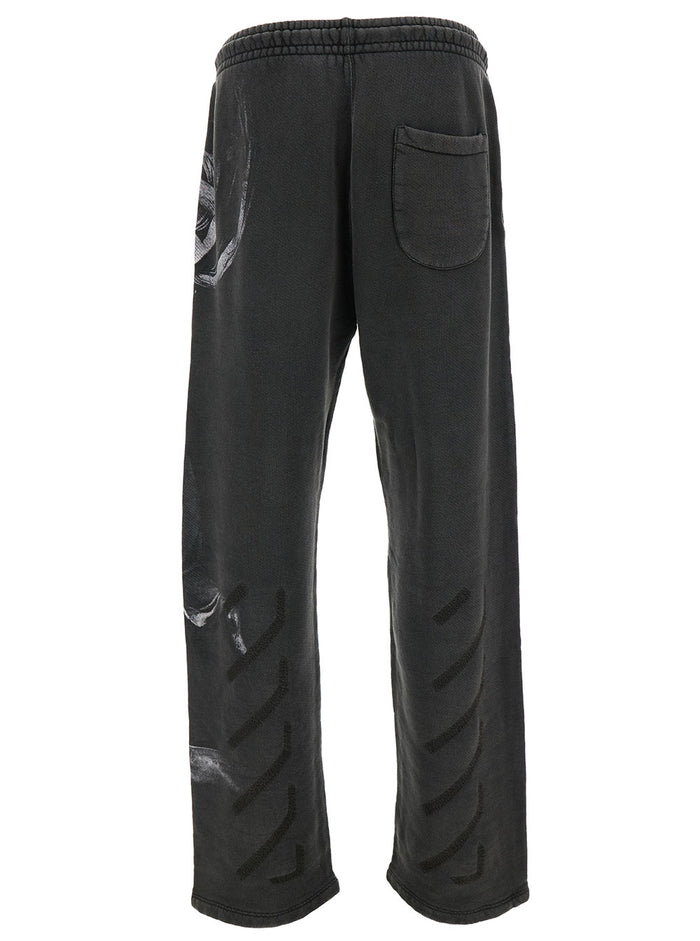 Black Pants With Drawstring And Graphic Print Cotton Man Trousers