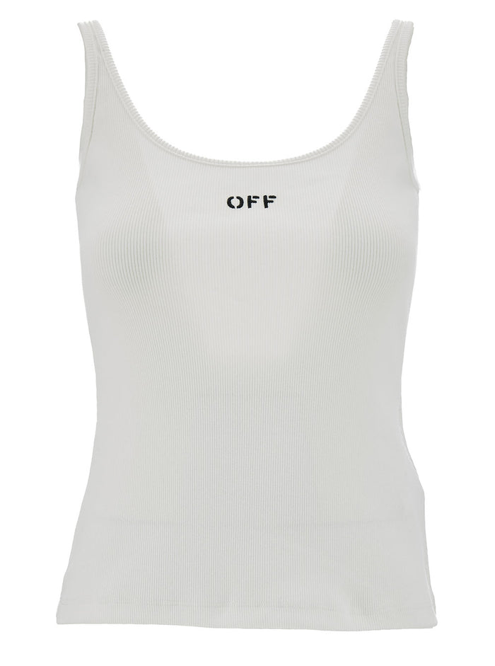 White Ribbed Tank Top With Contrasting Logo Embroidery Stretch Cotton Woman Elastane