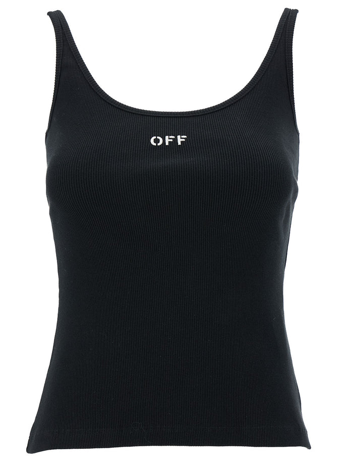 Black Ribbed Tank Top With Contrasting Logo Embroidery Stretch Cotton Woman Elastane