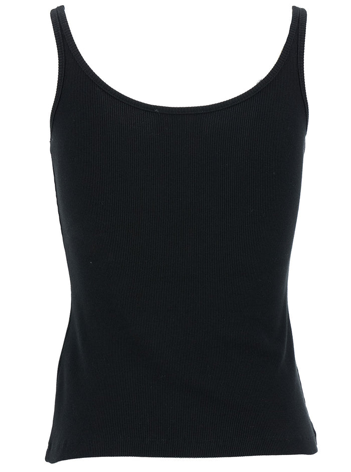 Black Ribbed Tank Top With Contrasting Logo Embroidery Stretch Cotton Woman Elastane