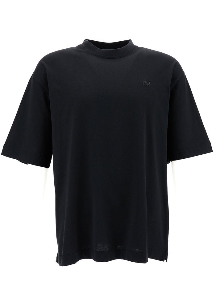 Black Crewneck T-Shirt With Tonal Embroidery Cotton Man Tshirts And Polo Shirts