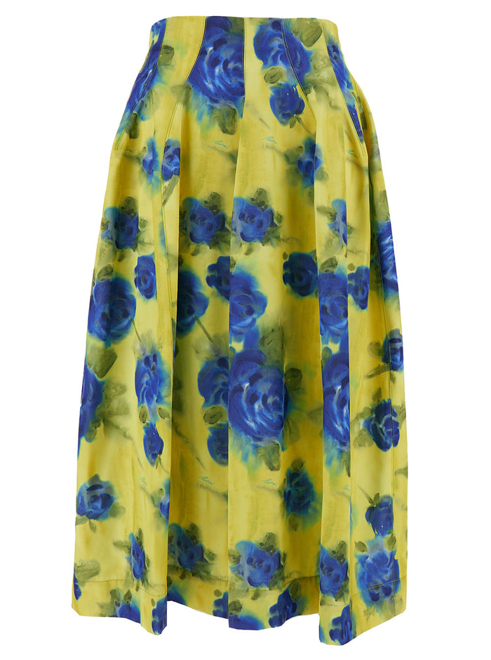 Midi Yellow Skirt With All-Over Contrasting Idyll Print Taffetà Woman Polyester Woven Cotton