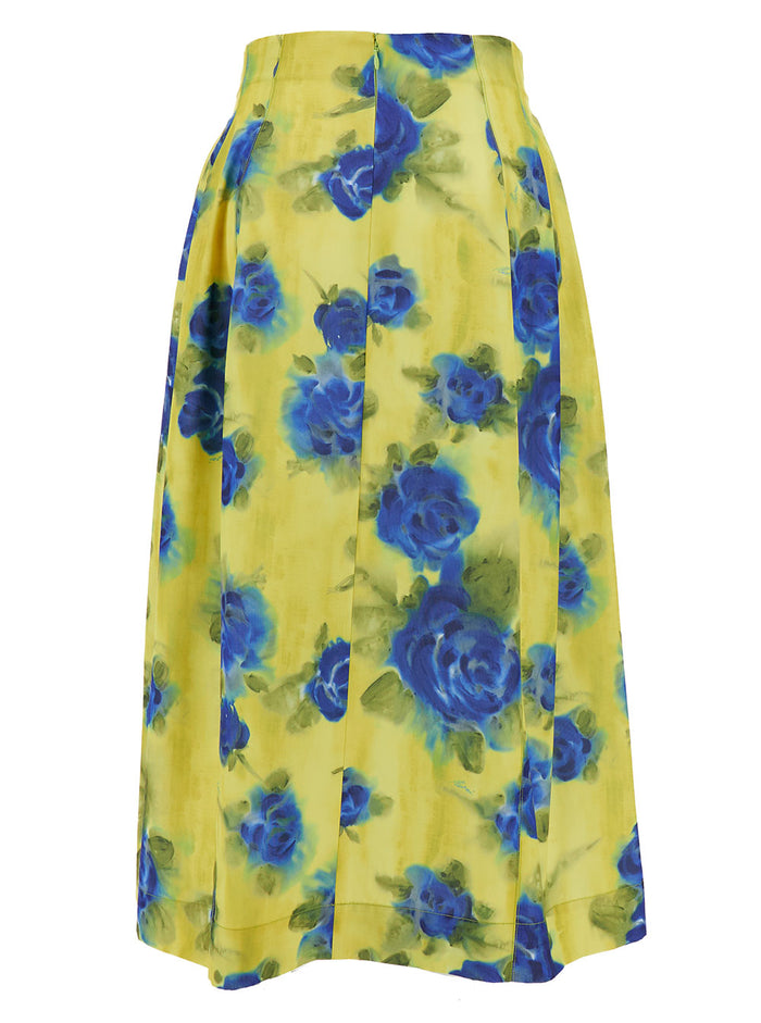 Midi Yellow Skirt With All-Over Contrasting Idyll Print Taffetà Woman Polyester Woven Cotton