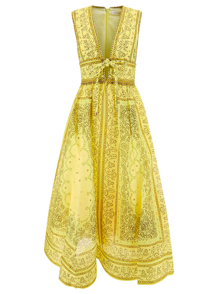 Matchmaker Long Yellow Dress With Bandana Print And Bow Detail Silk Woman Linen