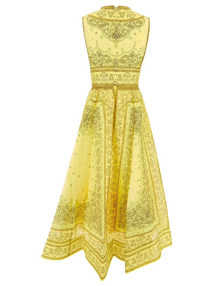 Matchmaker Long Yellow Dress With Bandana Print And Bow Detail Silk Woman Linen