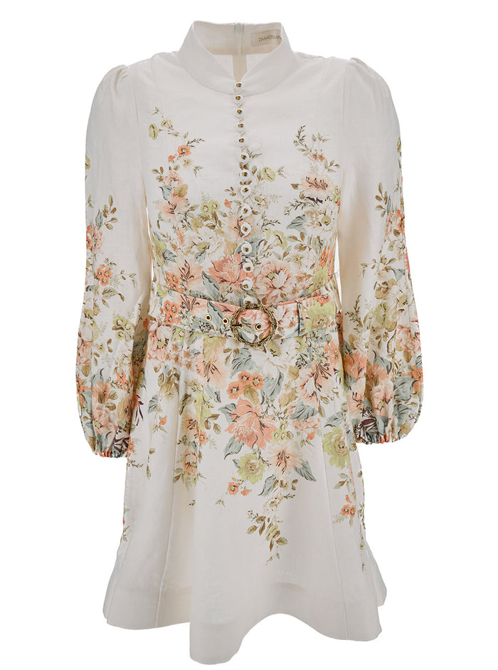 Matchmaker Mini White Dress With Floreal Print Linen Woman