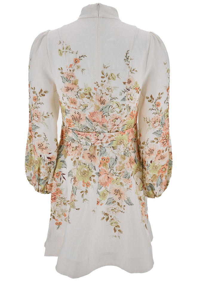 Matchmaker Mini White Dress With Floreal Print Linen Woman