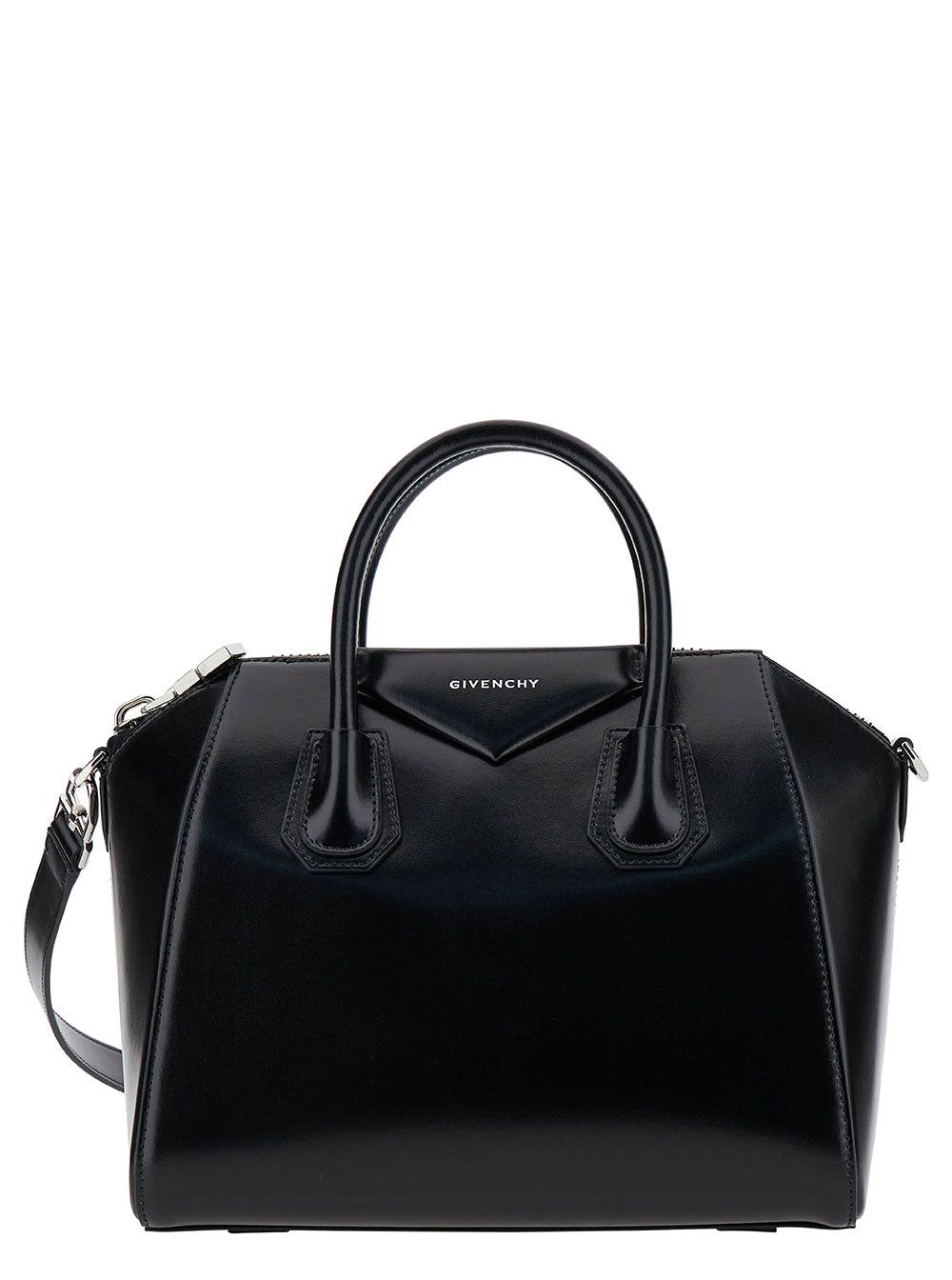 Small Antigona Black Crossbody Bag With Debossed Logo Smooth Leather Woman Calf Hand