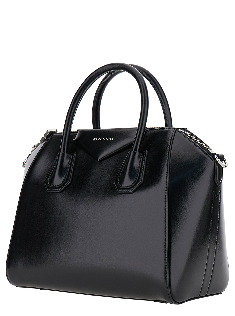 Small Antigona Black Crossbody Bag With Debossed Logo Smooth Leather Woman Calf Hand