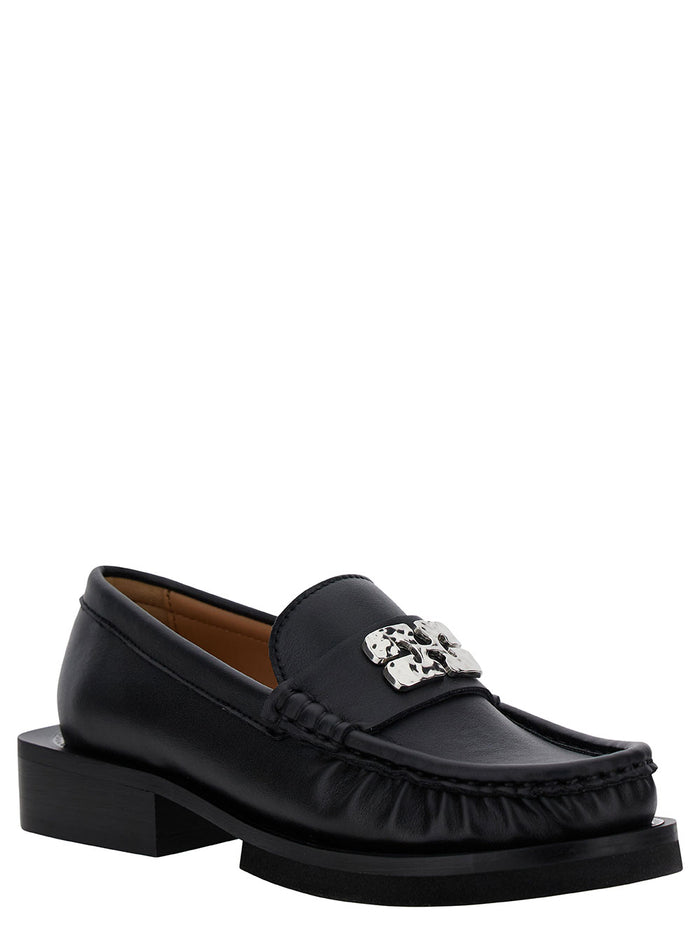 Butterfly Black Loafers With Logo Detail Leather Woman