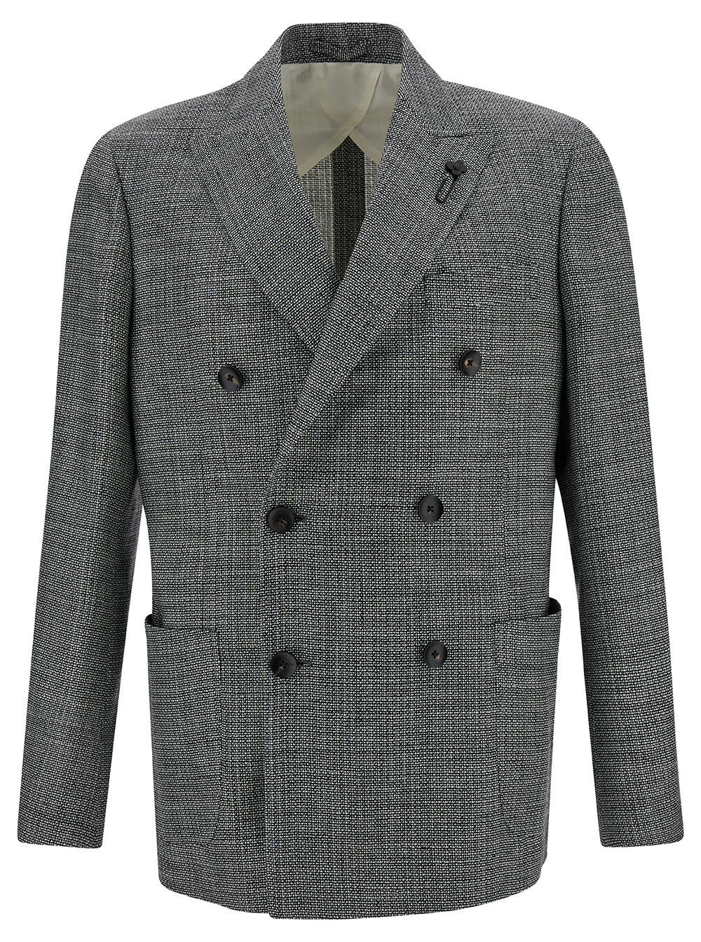 Grey Double-Breasted Blazer With Buttons Wool Blend Man Silk Linen Blazers