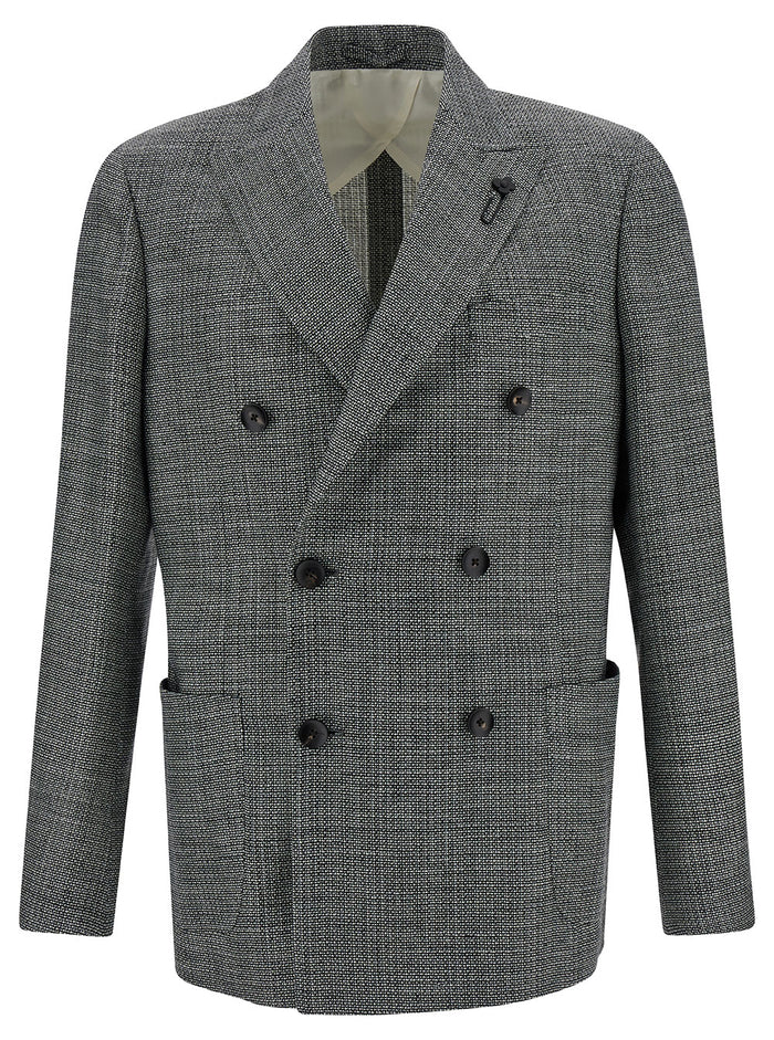 Grey Double-Breasted Blazer With Buttons Wool Blend Man Silk Linen Blazers