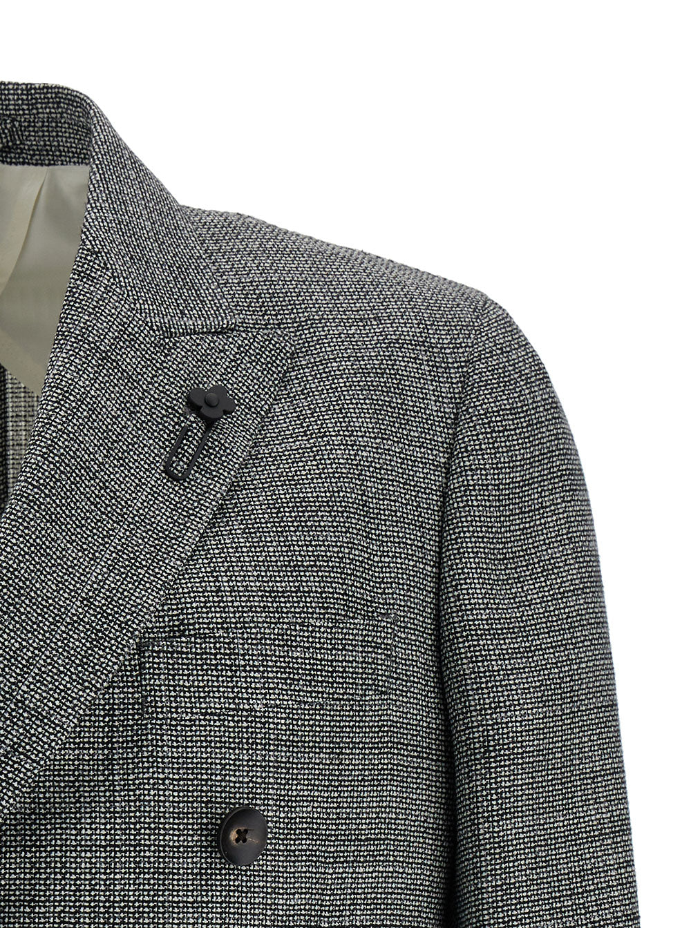 Grey Double-Breasted Blazer With Buttons Wool Blend Man Silk Linen Blazers