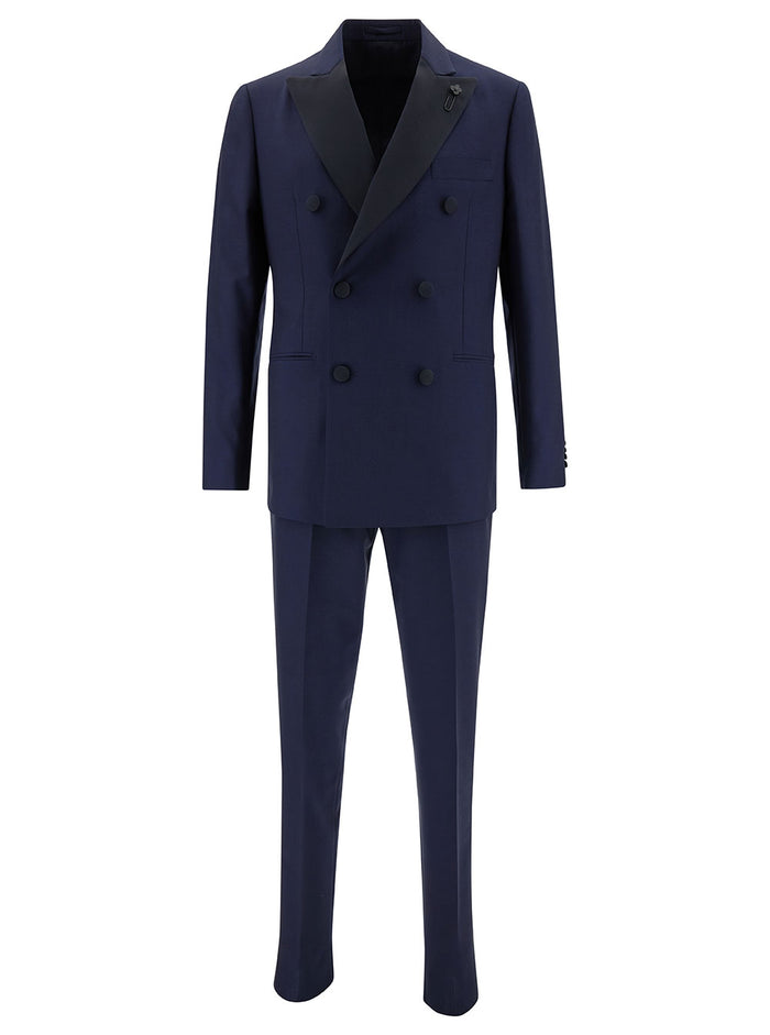 Blue Double-Breasted Suit With Contrasting Revers Stretch Wool Man Blu Elastane Suits