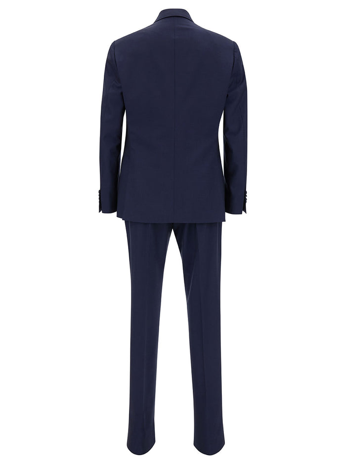 Blue Double-Breasted Suit With Contrasting Revers Stretch Wool Man Blu Elastane Suits