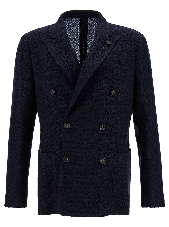 Blue Knitted Double-Breasted Blazer Linen Blend Man Blu Silk Blazers