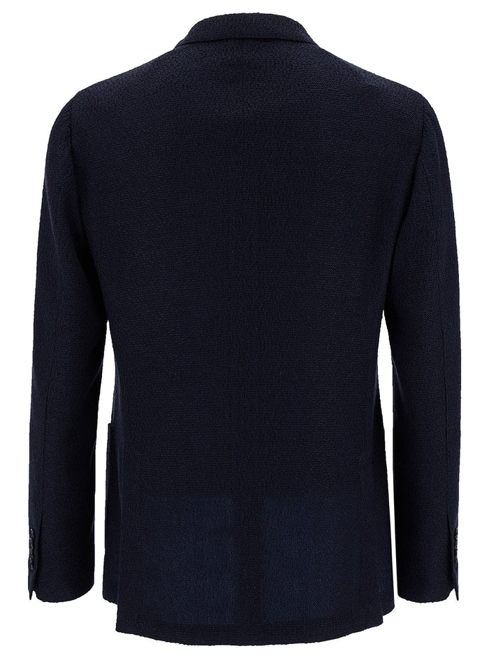 Blue Knitted Double-Breasted Blazer Linen Blend Man Blu Silk Blazers