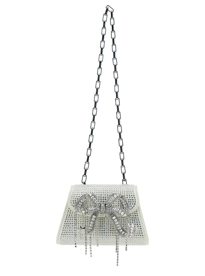 Micro White Shoulder Bag With Bow Detail And All-Ovcer Crystals Tech Fabric Woman Crossbody