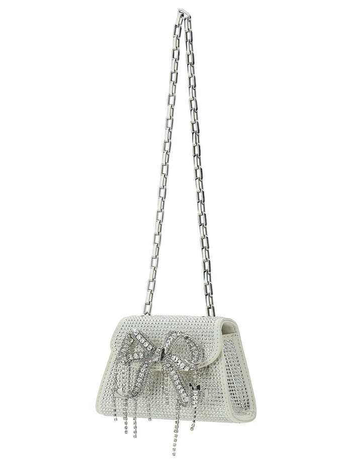 Micro White Shoulder Bag With Bow Detail And All-Ovcer Crystals Tech Fabric Woman Crossbody
