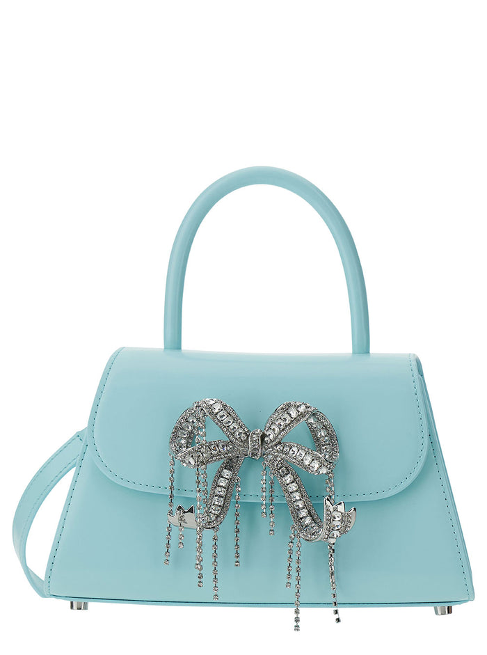 Mini Light Blue Handbag With Swarowski Bow Leather Woman Blu Bovine Hand Bags