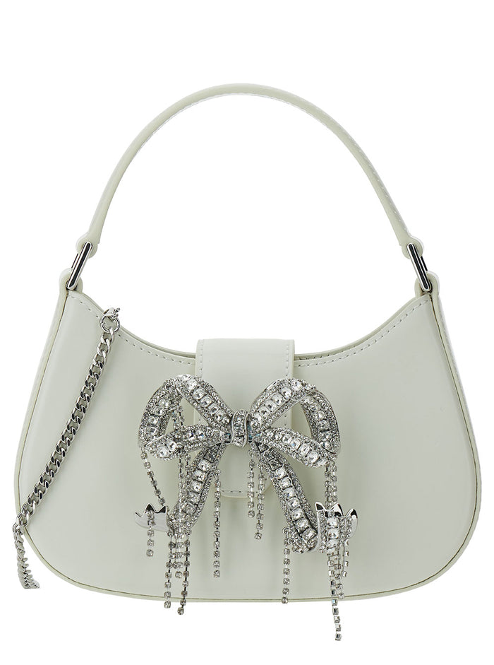White Hobo Bag With Swarowski Bow Detail Glossy Leather Woman Cow Shoulder