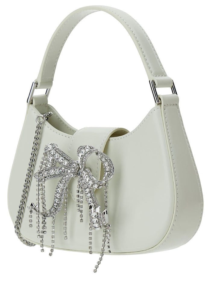 White Hobo Bag With Swarowski Bow Detail Glossy Leather Woman Cow Shoulder