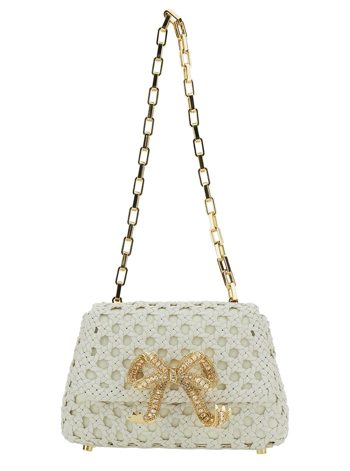 Cream Shoulder Bag With Bow Detail And Crystals Woven Leather Woman White Crossbody