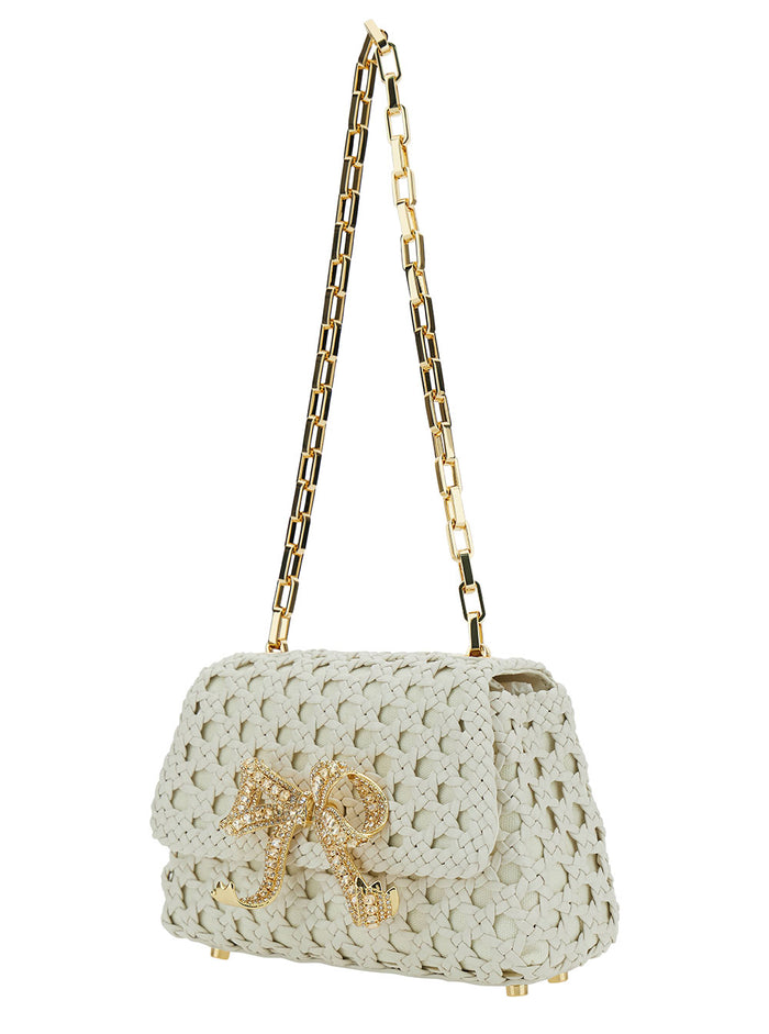 Cream Shoulder Bag With Bow Detail And Crystals Woven Leather Woman White Crossbody