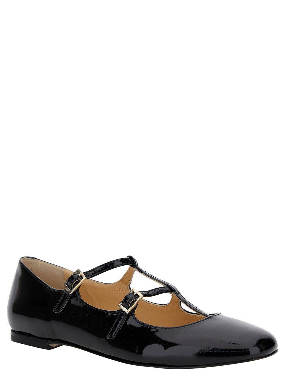 Clio Black Ballet Flat With Buckle Fastening Faux Patent Leather Woman Polyurethane Polyester Cotton Ballerinas