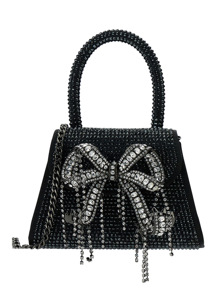 Micro Black Handbag With All-Over Rhinestone And Bow Tech Fabric Woman Hand Bags
