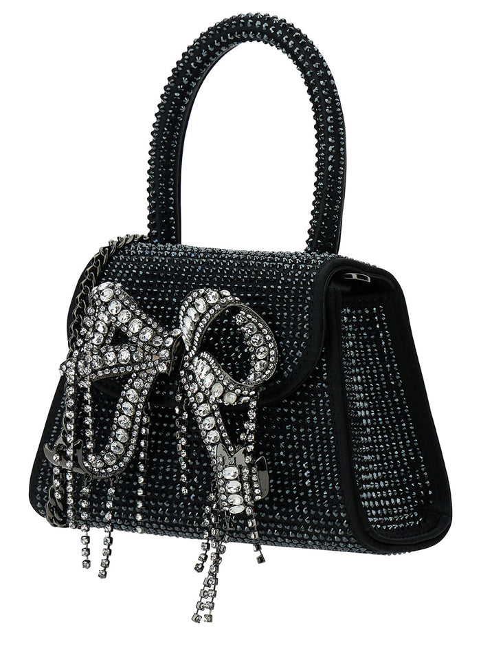 Micro Black Handbag With All-Over Rhinestone And Bow Tech Fabric Woman Hand Bags
