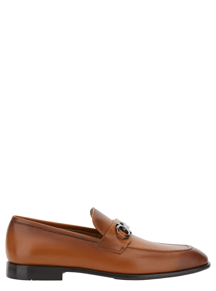 Brown Loafers With Gancini Detail Leather Man Calf