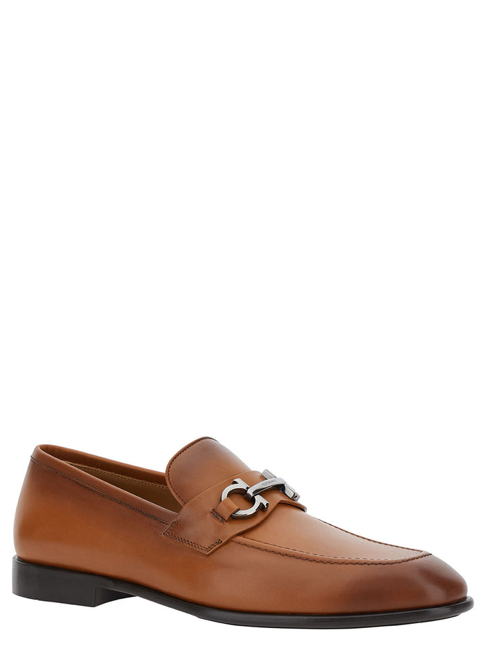 Brown Loafers With Gancini Detail Leather Man Calf