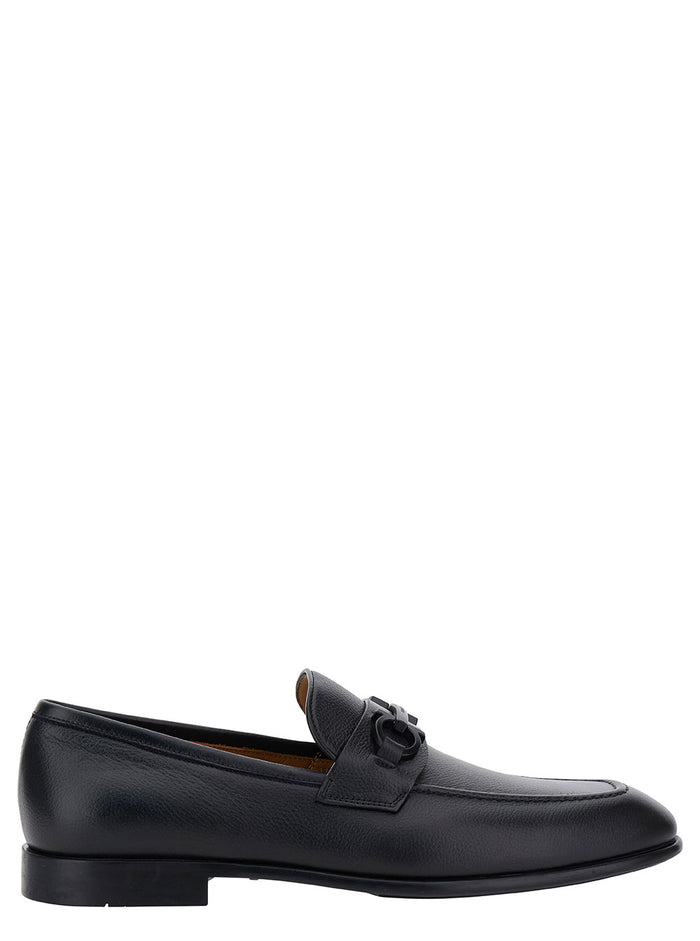 Black Loafers With Gancini Detail Leather Man Calf