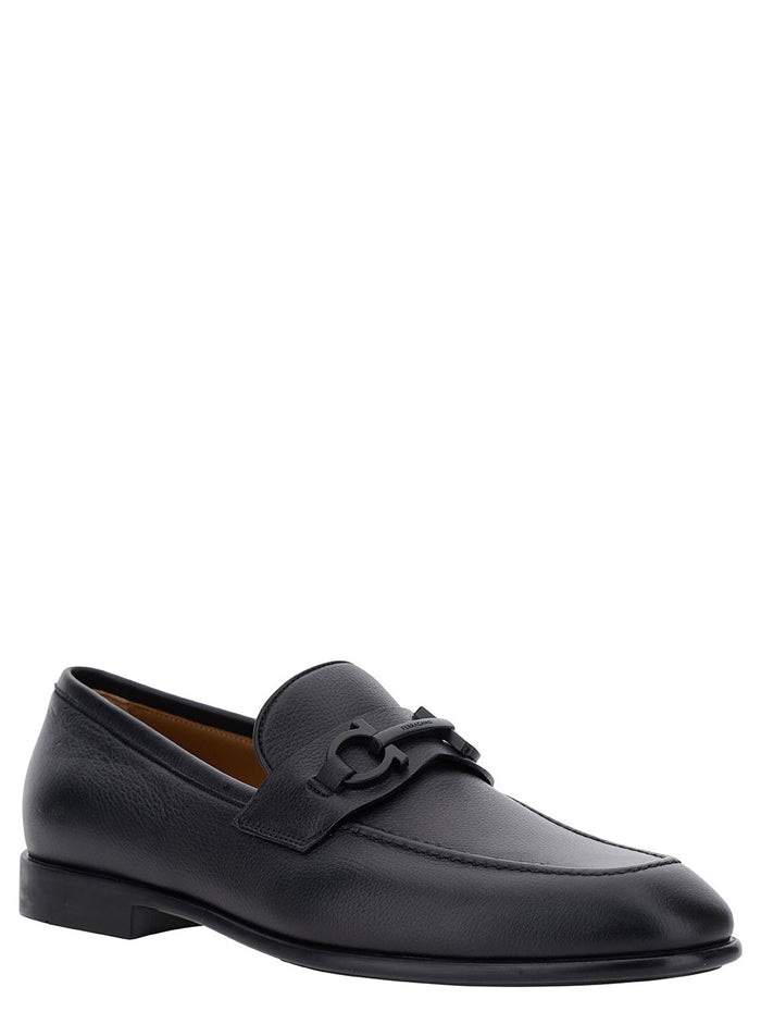 Black Loafers With Gancini Detail Leather Man Calf