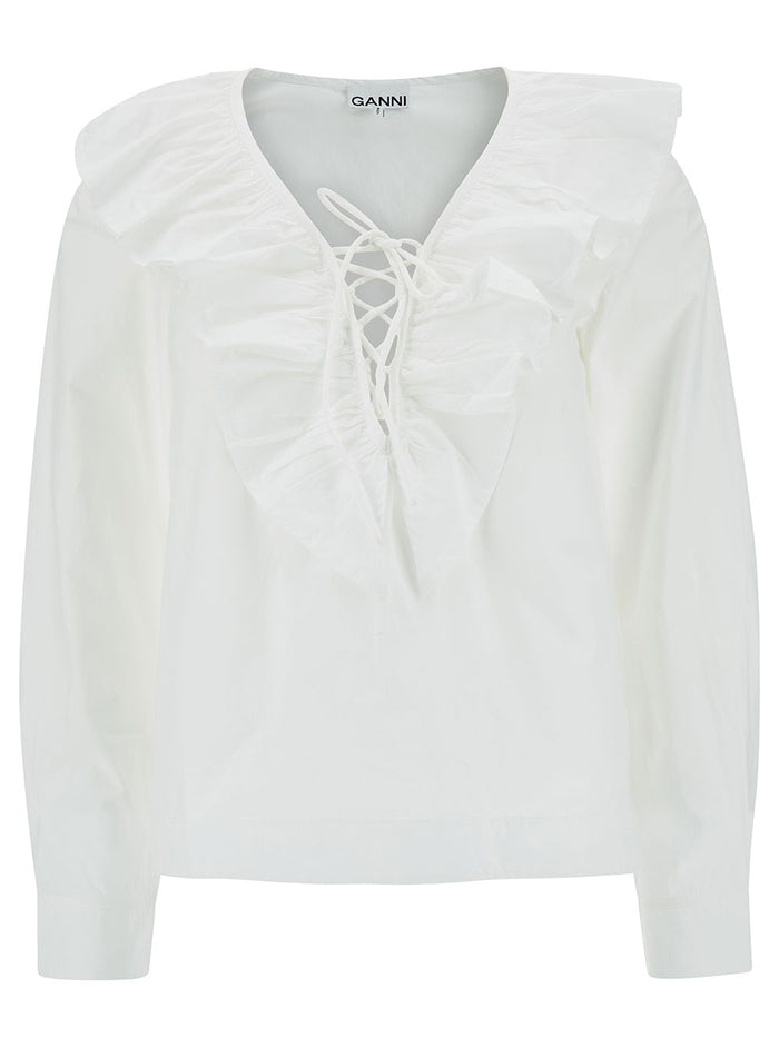 White Blosue With Lace-Up Closure And Ruffles Cotton Woman Shirts Blouses