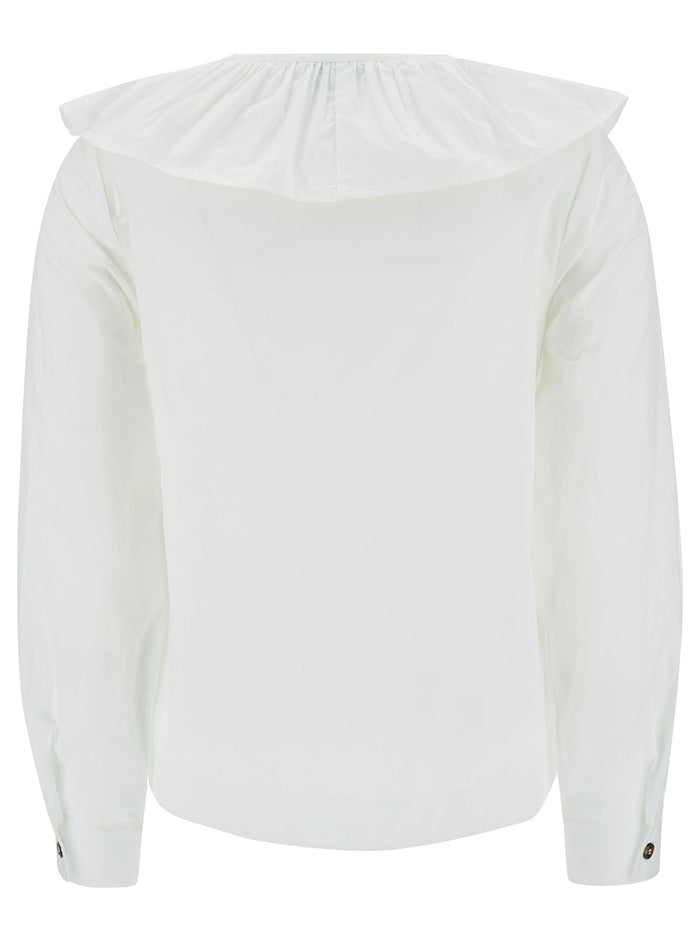 White Blosue With Lace-Up Closure And Ruffles Cotton Woman Shirts Blouses